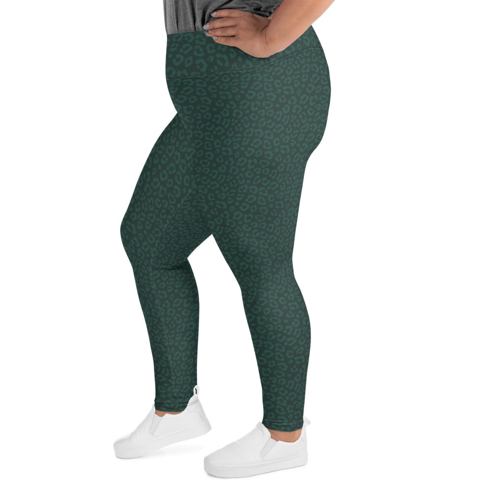 Dark Green Leopard Plus Size Leggings - COCOBLACK