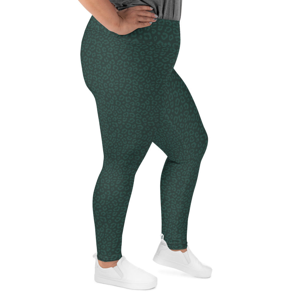 Dark Green Leopard Plus Size Leggings - COCOBLACK